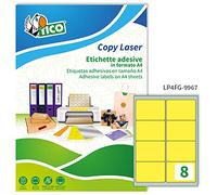 Tico Italia LP4FG-9967 Étiquettes adhésives jaunes fluo, 70 feuilles A4, rectangulaires 99,1 x 67,7 mm, 8 étiquettes par feuille, autocollant permanent, imprimantes laser et jet d'encre