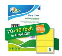 Tico Italia LP4FG-9967P Étiquettes adhésives jaunes fluo, 70 + 10 feuilles supplémentaires, rectangulaires 99 x 67 mm, 8 étiquettes par feuille, autocollant permanent, imprimantes laser et jet d'encre