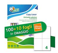 Tico Italia LP4W-105148P Étiquettes adhésives blanches polyvalentes 100 + 10 feuilles supplémentaires, rectangulaires 105 x 148 mm, 4 étiquettes par feuille, autocollant permanent, imprimantes laser