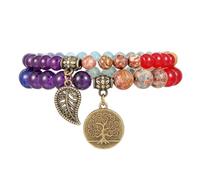 Ticome Lot de 2 bracelets chakra pour femme, perles en pierre précieuse naturelle, pendentif arbre de vie et feuille, ensemble de bracelets de yoga Reiki, breloques extensibles colorées pour femme