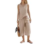 ticticlily Ensemble Femme Ete Pantalon et Haut 2 pièces Ensembles Rayures Pantalons 3/4 Taille Haute + Débardeur Tenue de Plage Casual A Kaki L