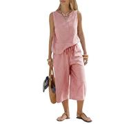 ticticlily Ensemble Femme Ete Pantalon et Haut 2 pièces Ensembles Rayures Pantalons 3/4 Taille Haute + Débardeur Tenue de Plage Casual A Rouge S