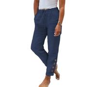 ticticlily Pantalon Fluide Femme Taille Elastique été Poids Léger Jambe Large Pantalons de Plage avec Poches Jambes Droites Taille Haut Pantacourt Ample Couleur Unie A Bleu Foncé XS