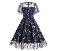 ticticlily Robe Femme Années 50s Rockabilly Vintage Chic et Élégant Mi-Longue Robe à sans Manches Taille Haute Broderie Floral Robe Mesh Rétro Robes de Soiree Bal Swing Dress A Bleu Foncé XL