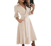 ticticlily Robe Femme Elegante Hiver Automne Robes à Col V et Manches Longues avec Ceinture de Soir Entreprise Robe Cocktail Soirée Maigrir Chic Couleur Unie ou Imprimée Papillon Beige L