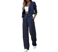 ticticlily Tailleur Femme 2 Pièces Ensemble de Vêtements Blazer à Revers et Pantalon Taille Haute Tailleurs Pantalons Chic et Élégant Habillé Costume Tenue Décontractée A Bleu Foncé L
