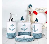 Tide and Tales Ensemble de 4 Accessoires de Salle de Bain Nautique | Corde et Ancre décoration de Salle de Bain avec thème océan et mer | Distributeur de Savon de Salle de Bain côtier | Décoration de