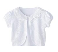 Tidecc Boléro à manches longues en dentelle pour petites filles avec fermeture à boutons pour 2 à 9 ans, Blanc (manches courtes), 5-6 ans