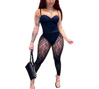 Tidecc Combinaison moulante transparente en maille pour femme, Noir , 36-38
