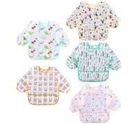 TIDEVAN Lot de 5 Bavoir Manches Longues Bebe Bavoir Etanche à Manchs Peinture Bavoir Imperméable Tablier d'Alimentation avec Poches, pour Unisexe Les Enfants de 6 Mois à 3 Ans,Mangeant Peinture et Jeu