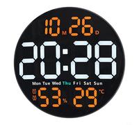 Tidevib Horloge murale numérique de 25,4 cm avec capteur de température et d'humidité, alarme, télécommande, alimentation USB, affichage de l'heure, de la date (orange)