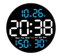 Tidevib Horloge murale numérique de 25,4 cm avec capteur de température et d'humidité, alarme, télécommande, alimentée par USB, affichage de l'heure, de la date (bleu)