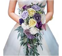 Tidgel Bouquet de mariée artificiel en soie en forme de goutte d'eau - Fleurs de mariage pour cérémonie de mariée - Accessoire photo - Bleu, rose, rouge, blanc, violet - 50 x 23 cm (violet)
