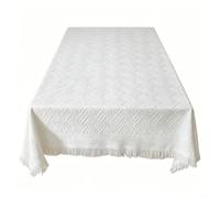 Tidgel Nappe en coton et lin, élégante en polyester blanc avec motif gaufré et bordure à pompons, housse résistante à la poussière pour tables basses ou de salle à manger (130 x 180 cm)