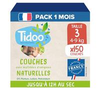 TIDOO - Couches écologique Taille 3 (4-9kg) - Origine Naturelle, sans substances nocives - 12h au sec, ultra absorbantes - Fabriquées en France - 150 Couches Jetables - Pack 1 Mois