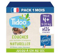 TIDOO - Couches écologique Taille 4+ (9-20kg) - Origine Naturelle, sans substances nocives - 12h au sec, ultra absorbantes - Fabriquées en France - 102 Couches Jetables - Pack 1 Mois