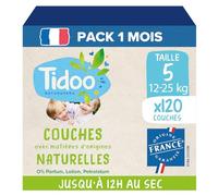 TIDOO - Couches écologique Taille 5 (12-25kg) - Origine Naturelle, sans substances nocives - 12h au sec, ultra absorbantes - Fabriquées en France - 120 Couches Jetables - Pack 1 Mois