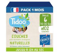 TIDOO - Couches écologique Taille 6 (16-30kg) - Origine Naturelle, sans substances nocives - 12h au sec, ultra absorbantes - Fabriquées en France - 102 Couches Jetables - Pack 1 Mois