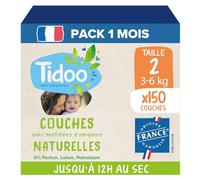 TIDOO - Couches Taille 2 (3-6kg) - Origine Naturelle, sans substances nocives - 12h au sec, ultra absorbantes - Fabriquées en France - 150 Couches Jetables - Pack 1 Mois