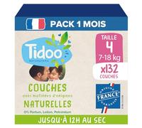 TIDOO - Couches Taille 4 (7-18kg) - Origine Naturelle, sans substances nocives - 12h au sec, ultra absorbantes - Fabriquées en France - 132 Couches Jetables - Pack 1 Mois