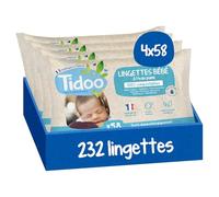 TIDOO - Lingettes à l'Eau Pure Pour Bébé, Douces et Ultra Résistantes - Nettoyantes Compostables Sans Allergènes - Soin Pour Peaux Normales & Fragiles - 4x58 Lingettes