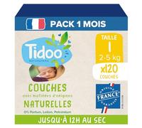 TIDOO - Pack 120 Couches - Taille 1 (2-5kg) | 12h au sec,ultra absorbantes - sans substances nocive - Pack 1 mois - Fabriquées en France