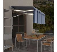 Tidyard Rideau de soleil rétractable manuel pare-soleil et LED 3 x 2,5 m bleu et blanc, rideau de soleil pour balcon, rideau de jardin, rideaux extérieurs, store enroulable, protection pour balcon