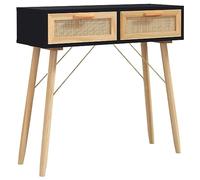 Tidyard Table Console de 2 Tiroirs Table d'entrée Table d'appoint Noir 80x30x75 cm Bois Massif pin/rotin Naturel