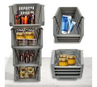 TidyFriend - Lot de 4 petits bacs de rangement empilables en plastique pour garde-manger, ouverts sur le devant, organiseurs de jouets, cuisine, salle de bain (gris foncé)