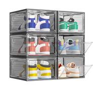 TidyTrove Boîtes à chaussures, Lot de 6, Boîte à Chaussures en Plastique Transparent Empilable, Conteneurs Organisateurs de Chaussures Pliables et Robustes avec Porte pour Femmes/Hommes, Noir