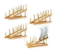 TIE-DailyNec 4 Pièces Egouttoir Vaisselle Bois, Support de Bambou pour Assiettes, 5 Compartiments Rangement Cuisine Egouttoir en Bambou pour Ranger des Assiettes, des Livres, des Verres à Vin