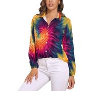 Tie-Dye Psychédélique Chemisier Femme Manche Longue Col En V Bouton Manches Longues Tops Couleurs Mélangées Lâche T-Shirts Grande Taille Pas Cher, Mode Style Hippie Haut Doux, Confortable Respirant