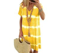 Tie-Dye Rayé Manches Courtes Lâche T-Shirt Robe Femme Summe Tie Dye Rayé Plage Vacances Col V Robes, jaune, M