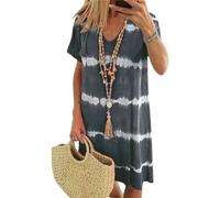 Tie-Dye Rayé Manches Courtes Lâche T-Shirt Robe Femme Summe Tie Dye Rayé Plage Vacances Col V Robes, gris, XL
