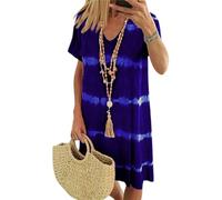 Tie-Dye Rayé Manches Courtes Lâche T-Shirt Robe Femme Summe Tie Dye Rayé Plage Vacances Col V Robes, bleu foncé, XL