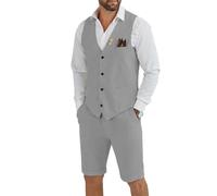 Tiefony Ensemble 2 pièces en Lin pour Homme - Coupe ajustée - pour Mariage, marié, garçon d'honneur - pour l'été, Gris, Taille L