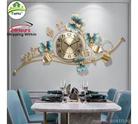 TieHo-Grande horloge murale numérique pour salon, suspension d'art en métal de luxe, décoration murale arrière TV, minuterie vintage papillon Large Wall Clock B