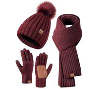 Tielag Ensemble Bonnet, Écharpe et Gants pour Femme - Bonnet d'Hiver Chaud avec Pompon - Doublure Polaire - Gants Tactiles - Écharpe - Taille Unique, Rouge Bordeaux