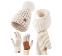 Tielag Lot de 3 bonnets, écharpes et gants pour femme - Bonnet d'hiver chaud avec pompon - Doublure polaire - Gants tactiles - Écharpe - Bonnet chaud pour femme, Blanc., taille unique
