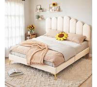 Tiema Lit Tapissé 140x200 cm - Lit Tapissé Rétro - Lit Double avec Sommier à Lattes - Collection Karin - Lit Robuste - Cadre de Lit en Bois - Beige