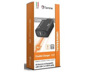 Tiemme Chargeur Secteur 1 Port USB-A + 1 Port USB-C 38W (Noir)