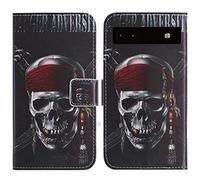 TienJueShi Skull Support à Rabat Coque Étui TPU Silicone Couverture Protecteur Housse pour Google Pixel 6a 6.1 inch Case Portefeuille Cover Cuir