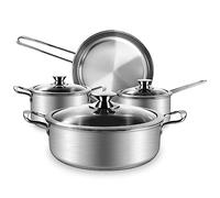 Tieplis Batterie de Cuisine en Acier Inoxydable à 3 Couches, 7 Pièces, Poêle à Frire, Casserole et Marmite avec Couvercle en Verre, Casseroles Adapté à la Tous Feux Dont Induction (Argent)