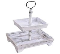 Tiered Tray Stand - Wooden Two-Tier Serving Tray with Metal Handle for Fruit, Dessert, Cupcake Display, Kitchen and Home Decor, Rectangular Holder for Entertaining, Ready-to-Use, 15.9x11.8x18.9inch
