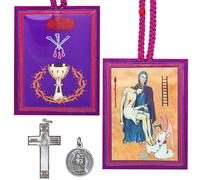 Tierra Espirituosa Purple Scapulars Catholic Marie Julie Jahenny of Benediction and Protection Cross of Pardon and Medal of Our Mother of Good Guard Escapulario Morado