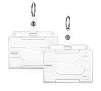 TIESOME Lot de 2 porte badges pour carte d'identité avec porte clés, porte badges robustes en plastique dur transparent protection de carte fente pour pouce étui pour cartes (horizontal)