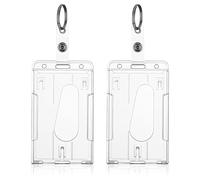 TIESOME Lot de 2 porte badges pour carte d'identité avec porte clés, porte badges robustes en plastique dur transparent protection de carte fente pour pouce étui pour cartes (vertical)