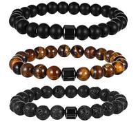 TIESOME Lot de 3 bracelets de perles pour homme - 8 mm - Œil de tigre - Bracelet extensible réglable en perles de lave - Pour homme