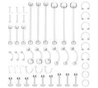 TIESOME Lot de 48 fixations de piercing transparentes, 15 styles de boucles d'oreilles transparentes pour le sport, le travail, la chirurgie, les piercings à dos plat en plastique pour femmes et