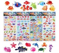 TIESOME Stickers poissons pour enfants, 3D mousse sous la mer Stickers animaux de l'océan pour l'artisanat Créatures de la mer avec assortiment de petits animaux de la mer4 feuilles(couleur océan)